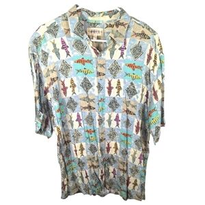 Vintage Campia Moda Single stitch fish print abstract button down shirt mens L